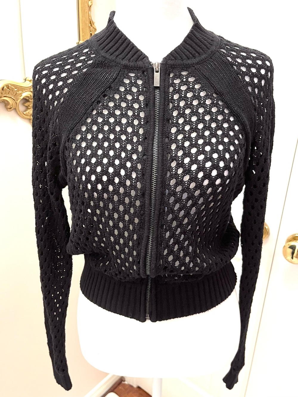 Dynamite Black Open Knit Zip Bomber Jacket XS